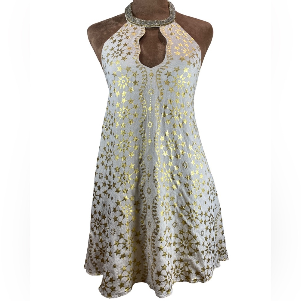 Kimchi Blue Cream Gold Star Celestial Halter Blouse Open Back Beaded Size S